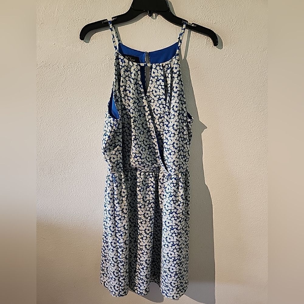 BCX Womens Blue Flora Lined Sleeveless Halter Mini Fit + Flare Dress Juniors L